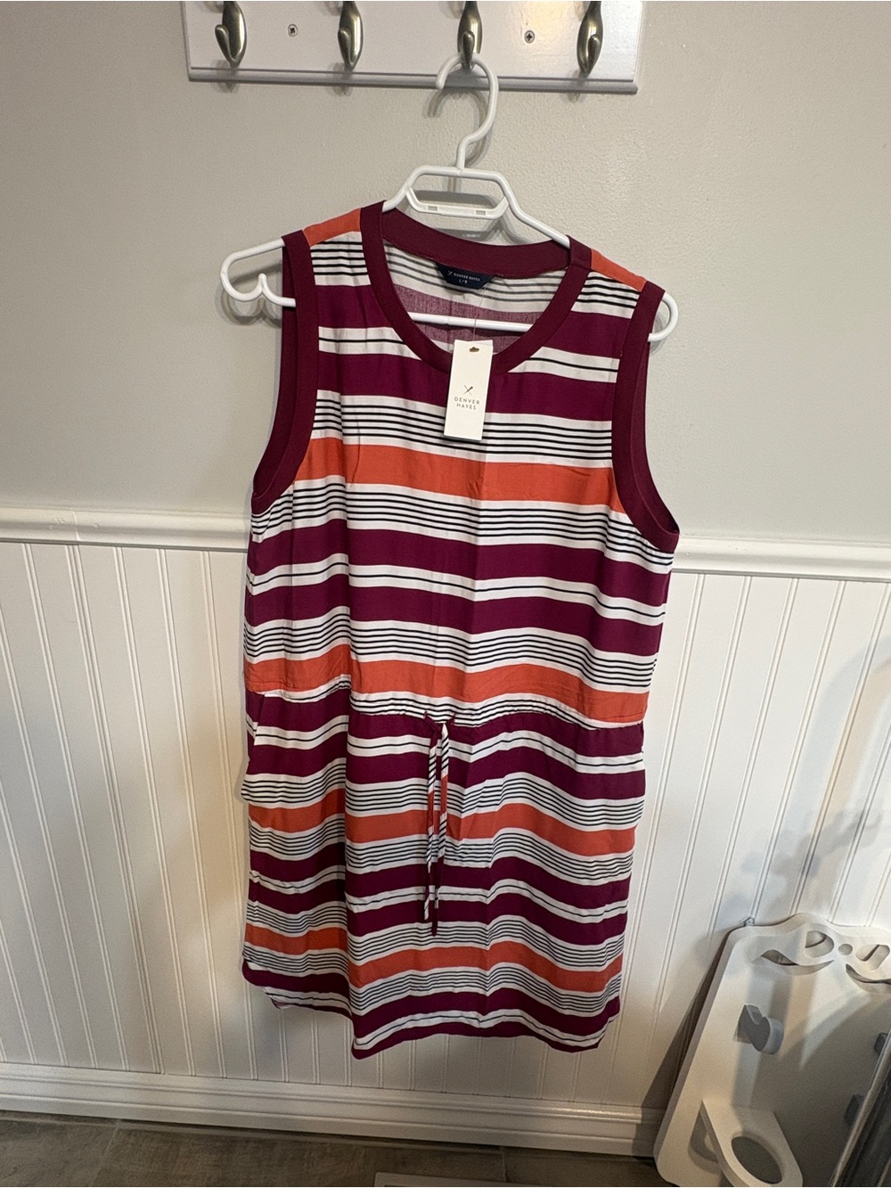 Denver Hayes Striped Sleeveless Drawstring Tank Dress - Burgundy & Orange